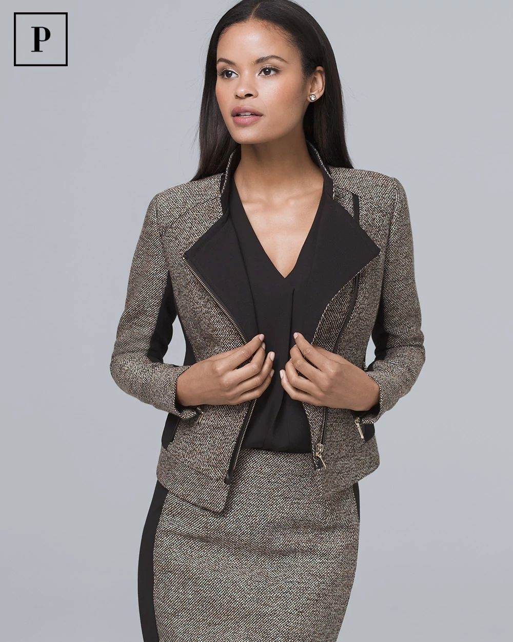Petite Faux Leather Trim Tweed Moto Jacket
